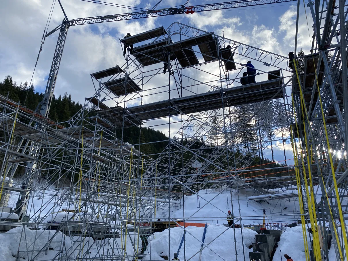 Rigs and scaffolding placed during winter construction season in Canada.